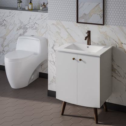 24-inch freestanding white bathroom vanity with single integrated sink and wooden angled legs.
