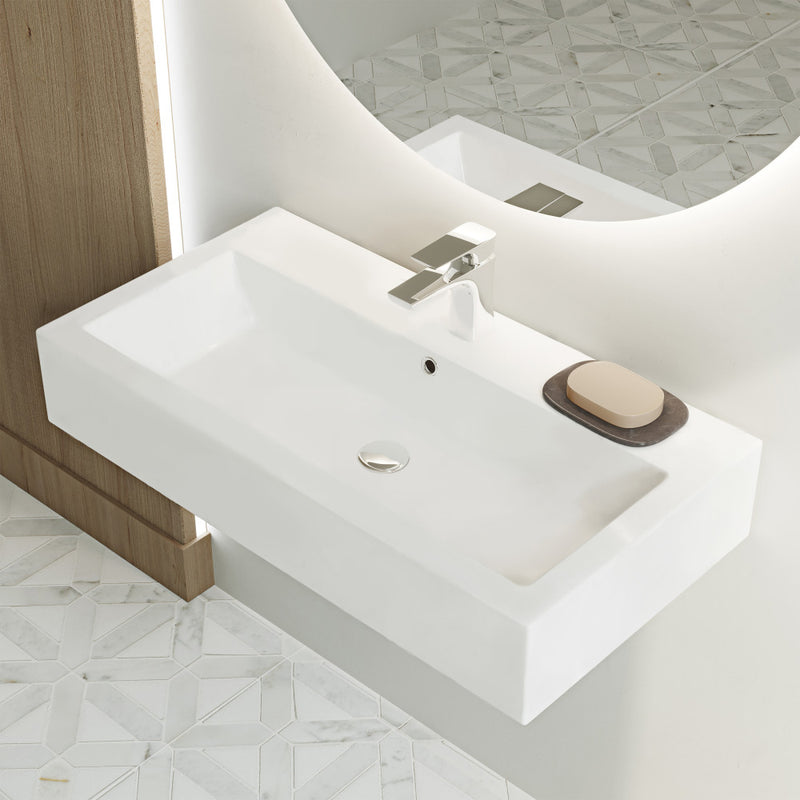 Voltaire Wide Rectangle Wall-Mount Sink in Shiny White
