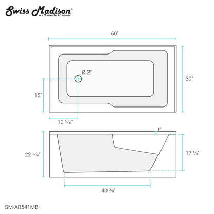 Alcove apron front soaking bathtub 60" x 30" with left-hand drain in matte black.