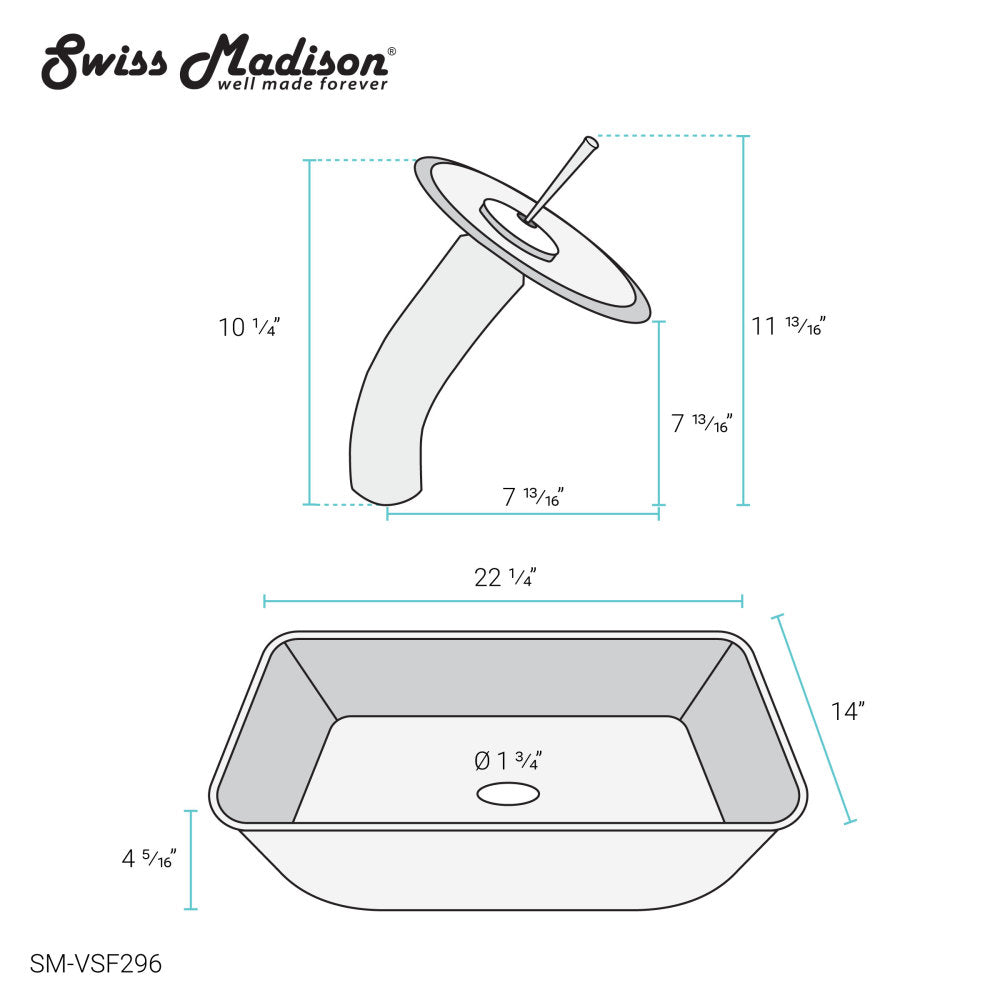 Ocean blue rectangular glass vessel sink with single-handle curved faucet and drain hole.