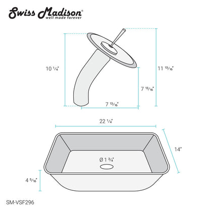 Ocean blue rectangular glass vessel sink with single-handle curved faucet and drain hole.