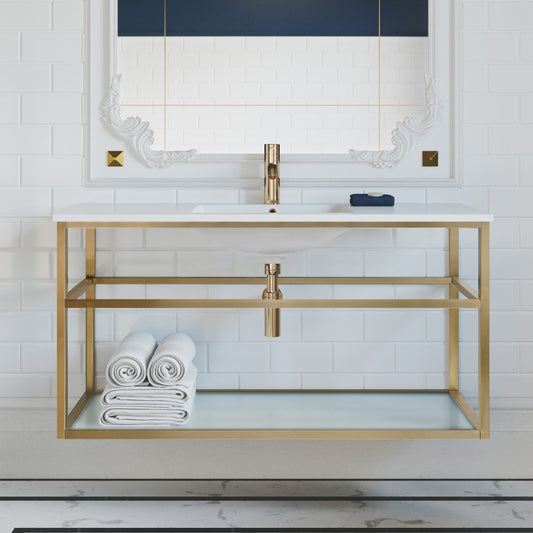 48-inch wall-mount bathroom vanity with gold metal frame, white top, and open lower shelf with towels.