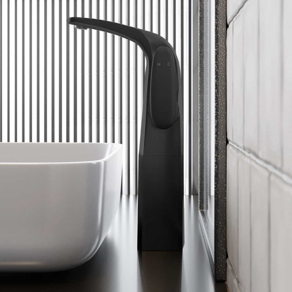 Single-handle high arc bathroom faucet in matte black, single hole installation.