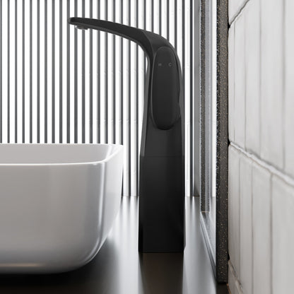 Single-handle high arc bathroom faucet in matte black, single hole installation.