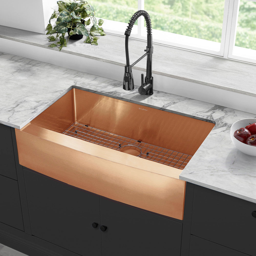 36 x 21 rose gold stainless steel farmhouse kitchen sink with single basin and apron front.