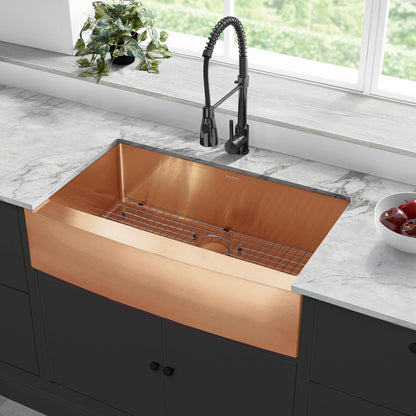 36 x 21 rose gold stainless steel farmhouse kitchen sink with single basin and apron front.