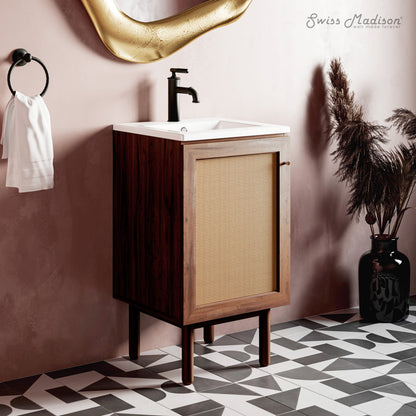 18-inch freestanding bathroom vanity in brown oak with single sink and woven front door panel.