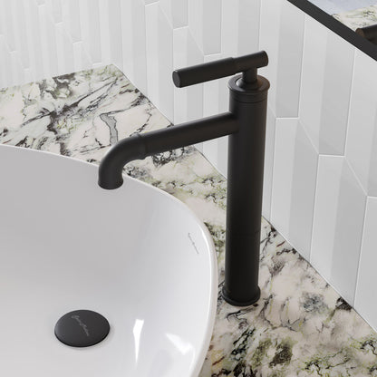 Single-handle bathroom faucet in matte black with a sleek, high arc spout and cylindrical design.