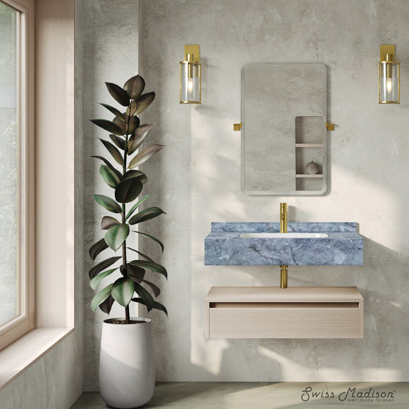 Avancer 36" Wall-Mounted Bathroom Vanity in White Oak with Blue Celeste Sink Top