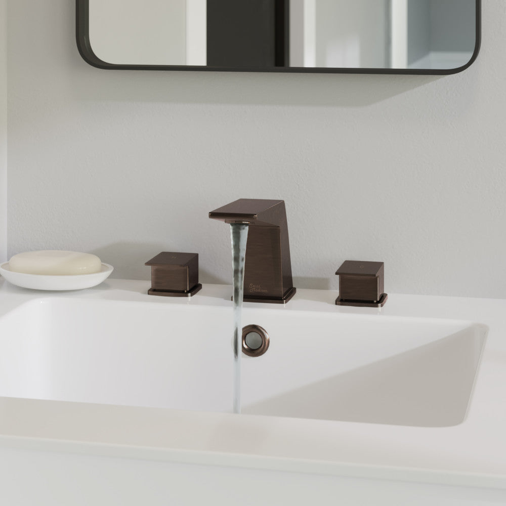 Widespread bathroom faucet in oil rubbed bronze, two handles, square modern design.