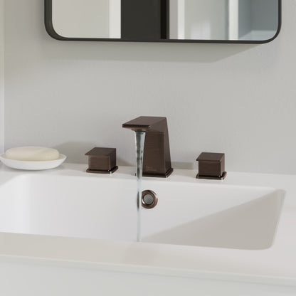 Widespread bathroom faucet in oil rubbed bronze, two handles, square modern design.