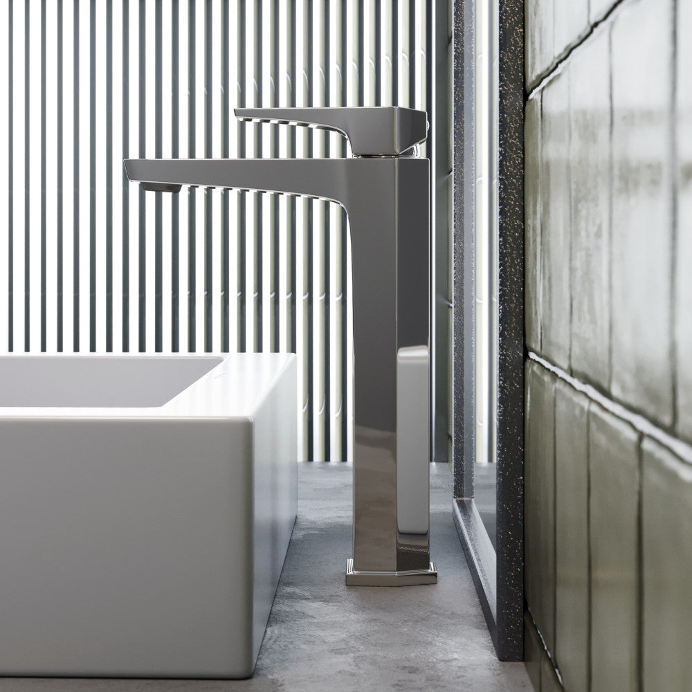 Single-handle high arc bathroom faucet in chrome with sleek modern design.