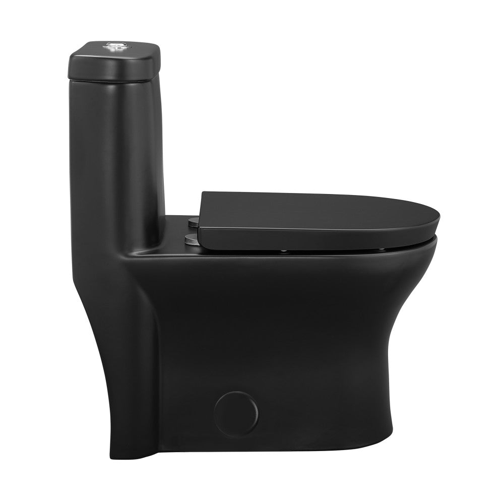 Elongated one-piece toilet in matte black with dual-flush, compact design, and soft-close seat.