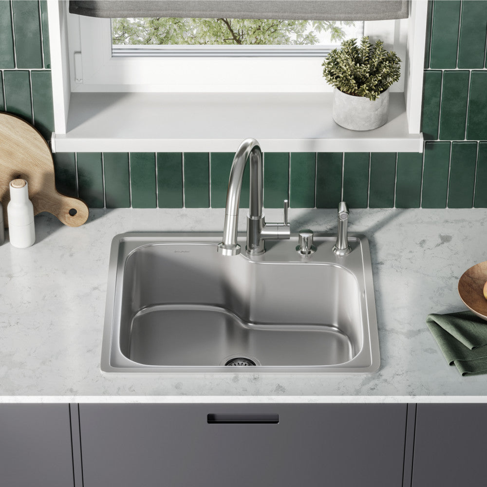 25 x 22 stainless steel single basin top-mount kitchen sink with square corners and brushed finish.