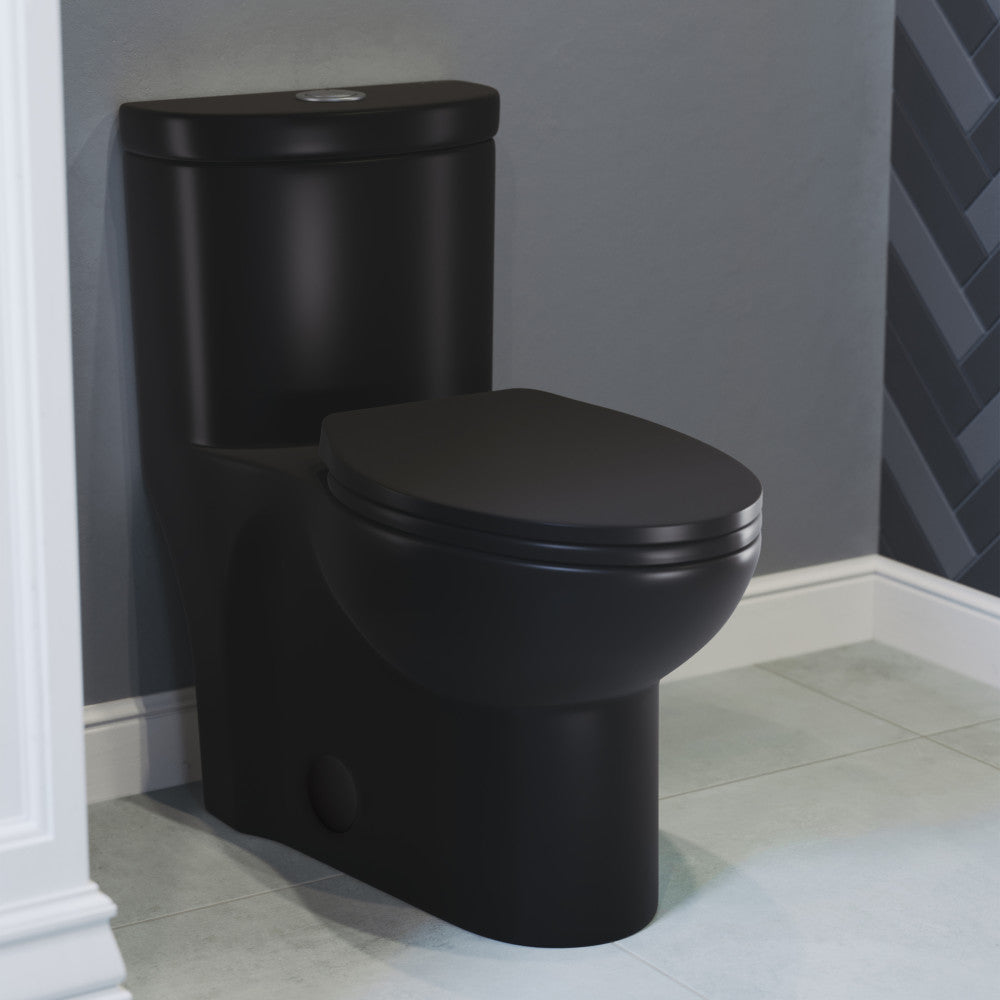 Elongated one-piece toilet in matte black with dual-flush and skirted trapway design.