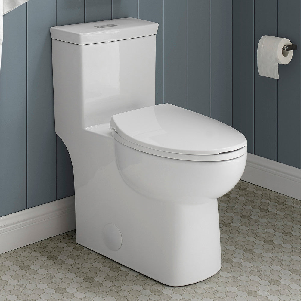Elongated one-piece toilet in glossy white with dual top flush and skirted trapway design.