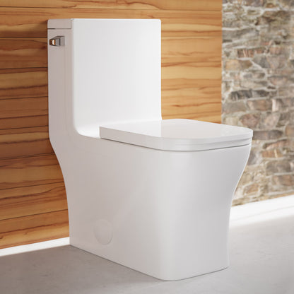 Elongated one-piece toilet in glossy white, 12" rough-in, left-hand flush, compact design.