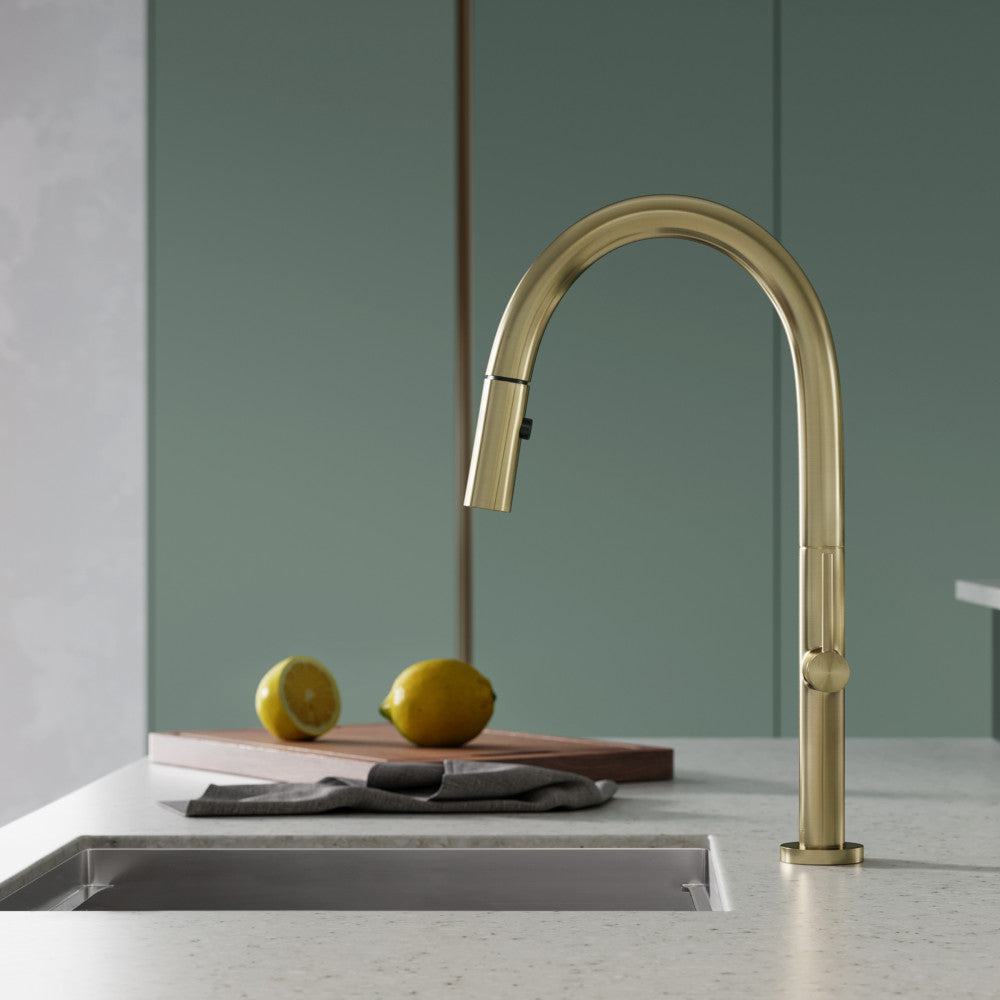 Single-handle pull-down kitchen faucet in brushed gold with high-arc spout and sleek design.