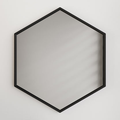 19" hexagon vanity mirror in phantom black frame, wall-mounted design.