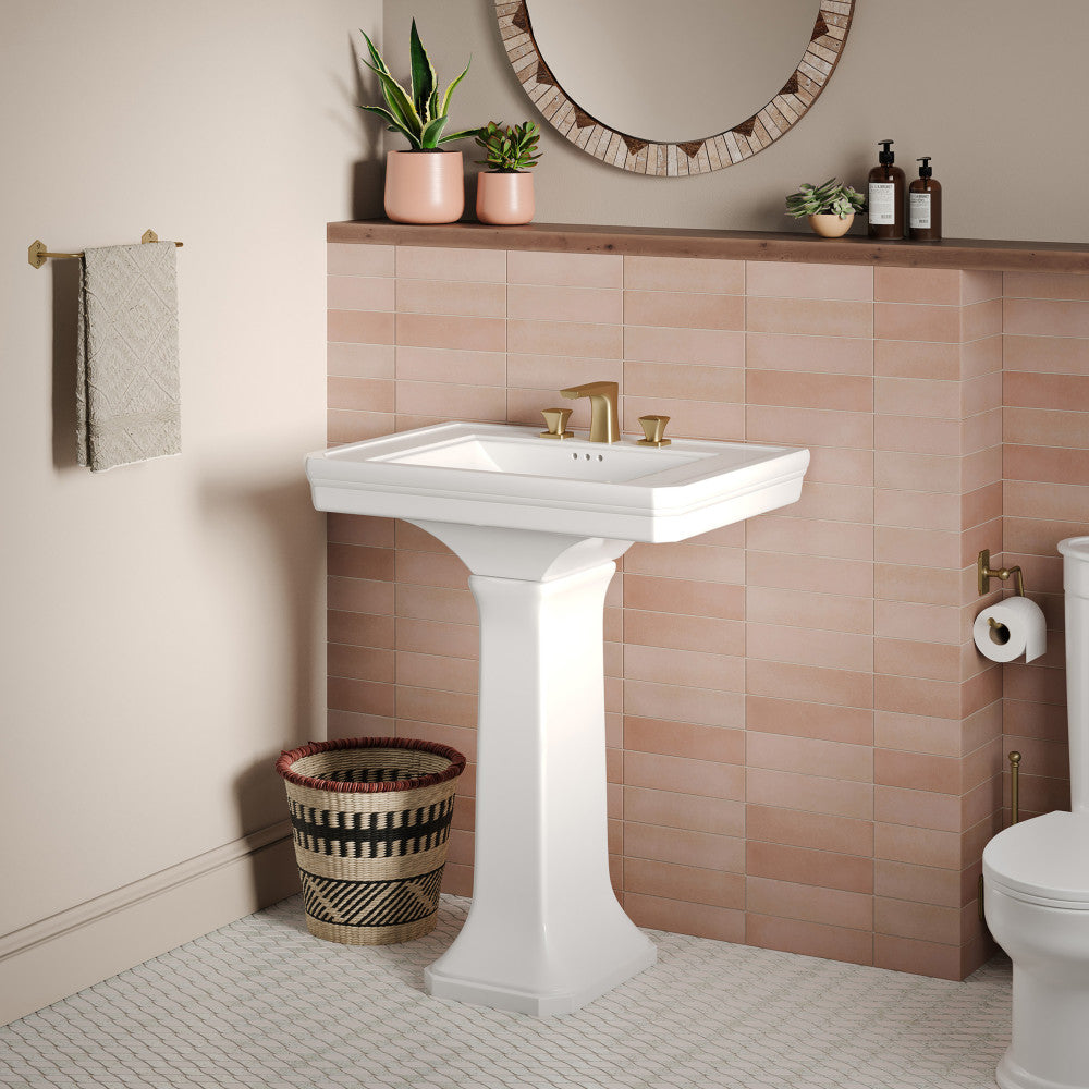White two-piece pedestal sink with rectangular basin and fluted column base.