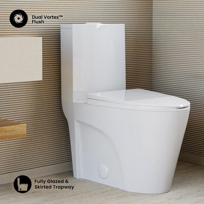 Elongated one-piece toilet in white with skirted trapway and dual-flush vortex system.