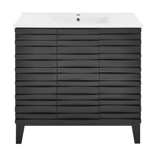 36-inch freestanding black bathroom vanity with soft-close doors and white countertop.