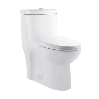 Elongated one-piece toilet with dual flush and rose gold hardware.