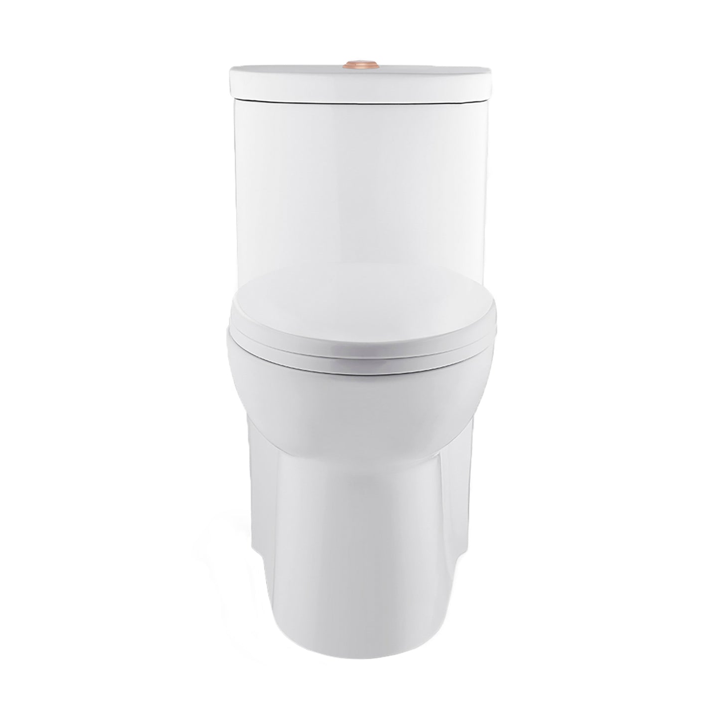 Elongated one-piece toilet with dual flush and rose gold hardware, white ceramic bowl.