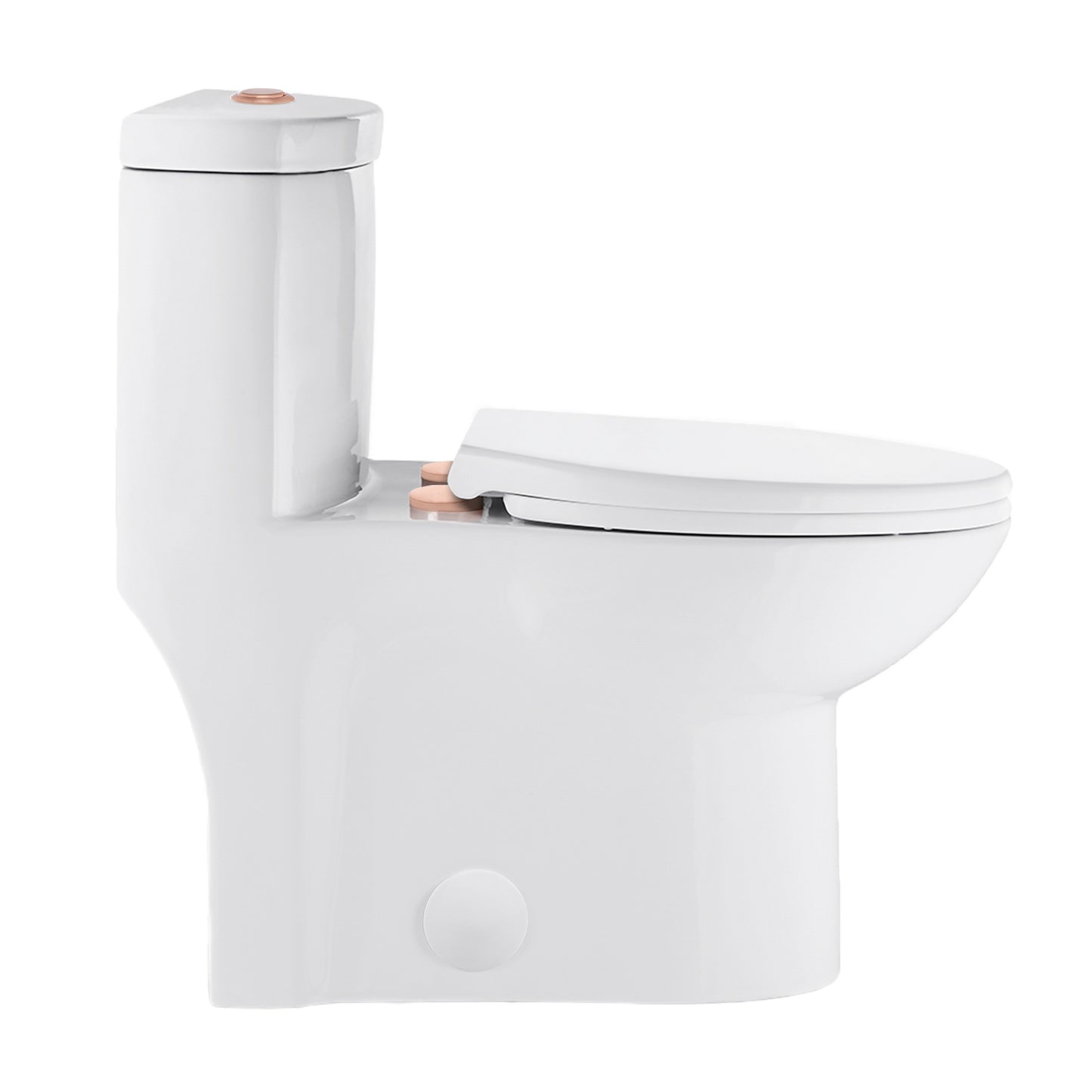 Elongated one-piece toilet with dual flush and rose gold hardware, 1.1/1.6 gpf.