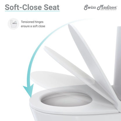Elongated one-piece toilet with soft-close seat and rose gold hardware, dual flush system.