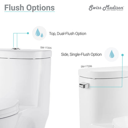 Elongated one-piece toilet with dual flush, rose gold hardware, white ceramic bowl.