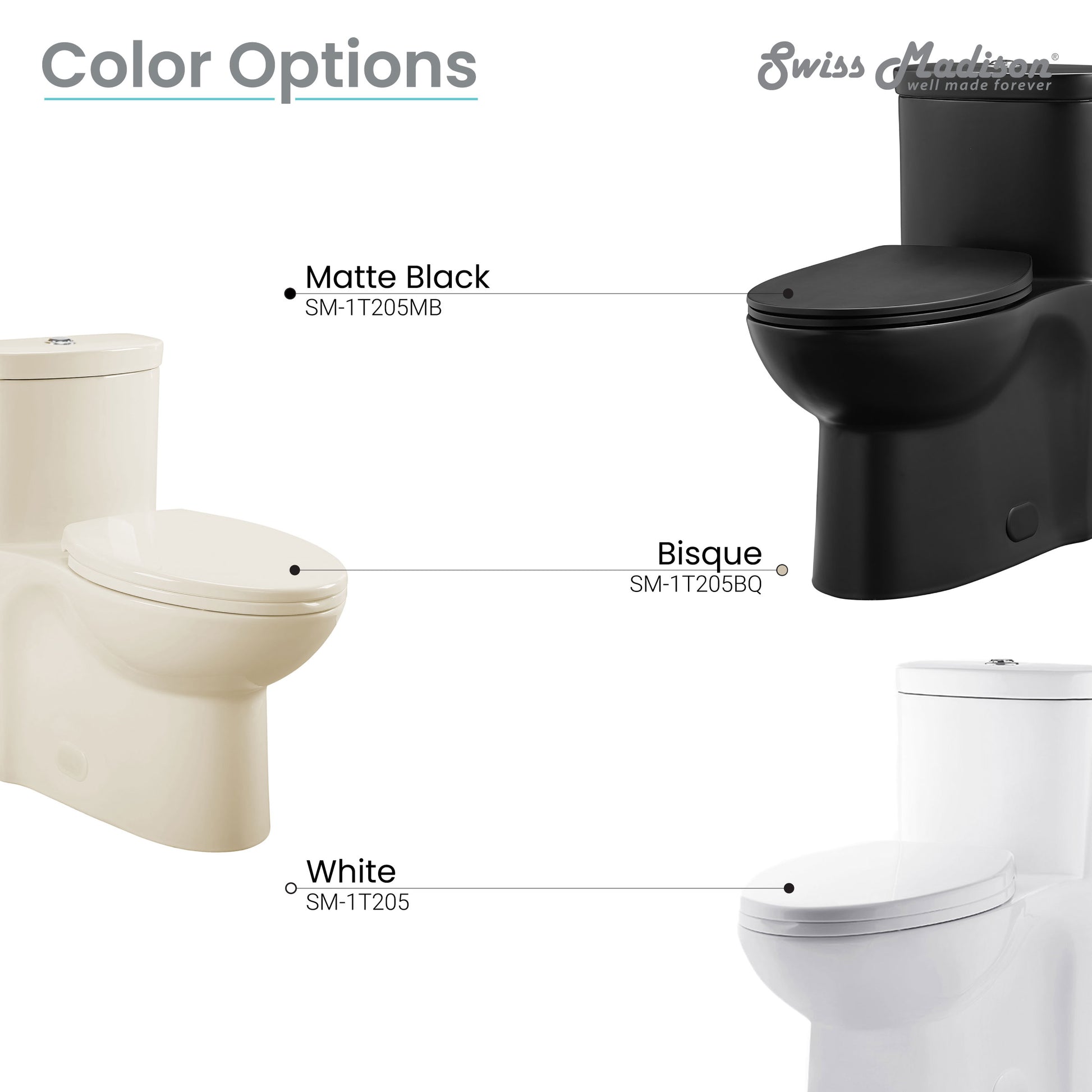 Elongated one-piece toilet in matte black, bisque, and white, dual flush variant options visible.