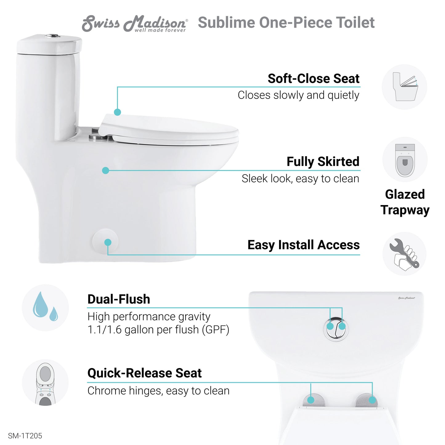 Elongated one-piece toilet with dual flush and rose gold hardware, soft-close seat, and skirted trapway.