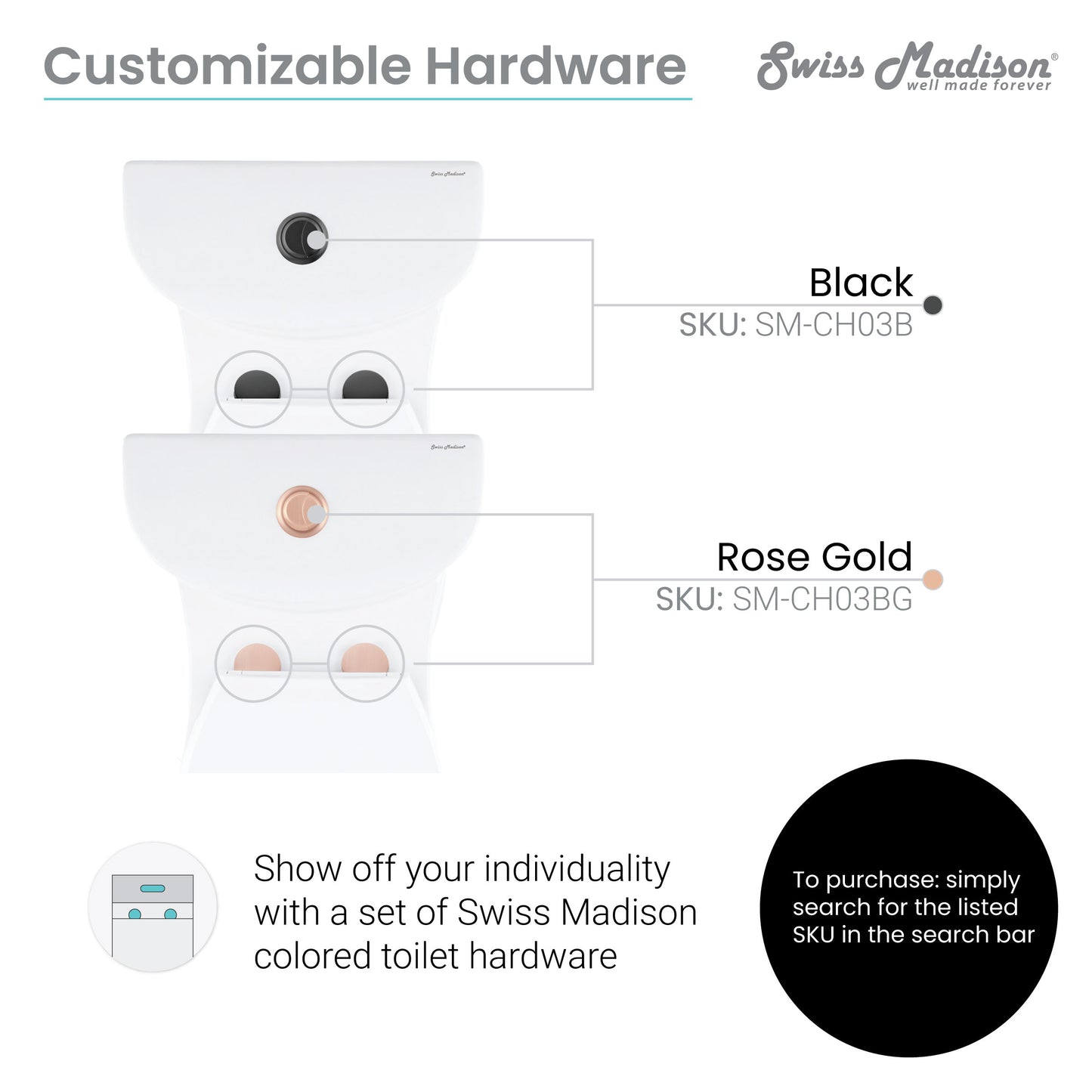 Elongated one-piece toilet with dual flush and rose gold hardware.